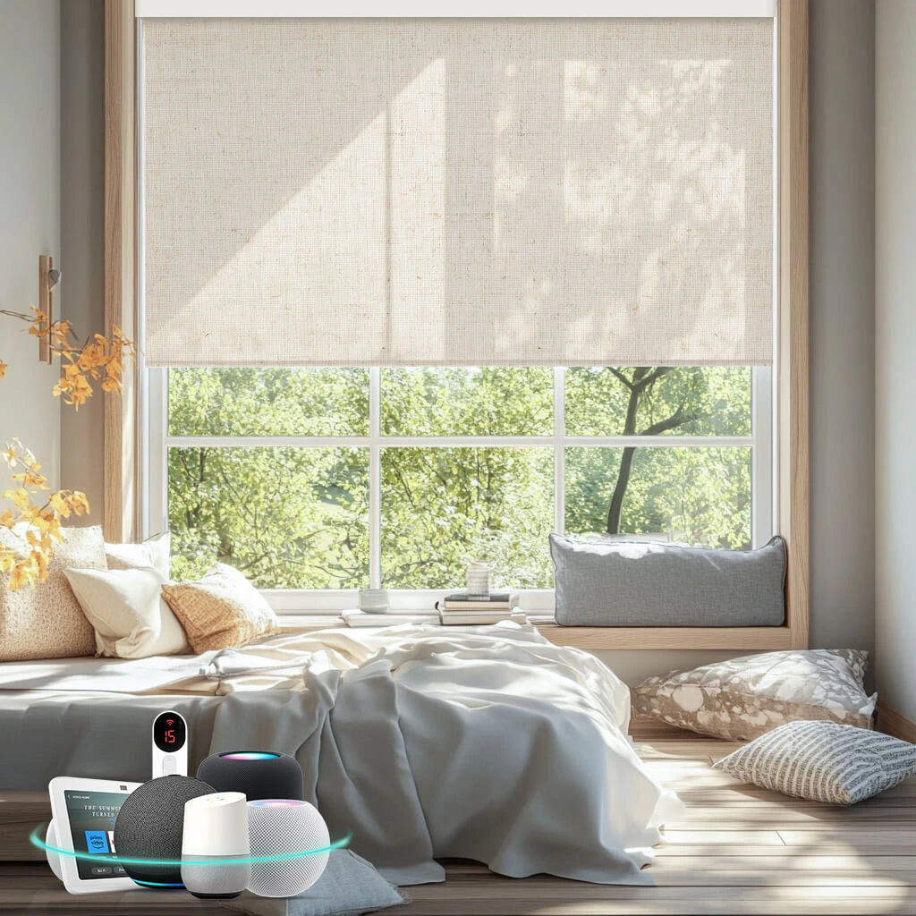 Motorized Light Filtering Roller Shades 70% Blackout Linen