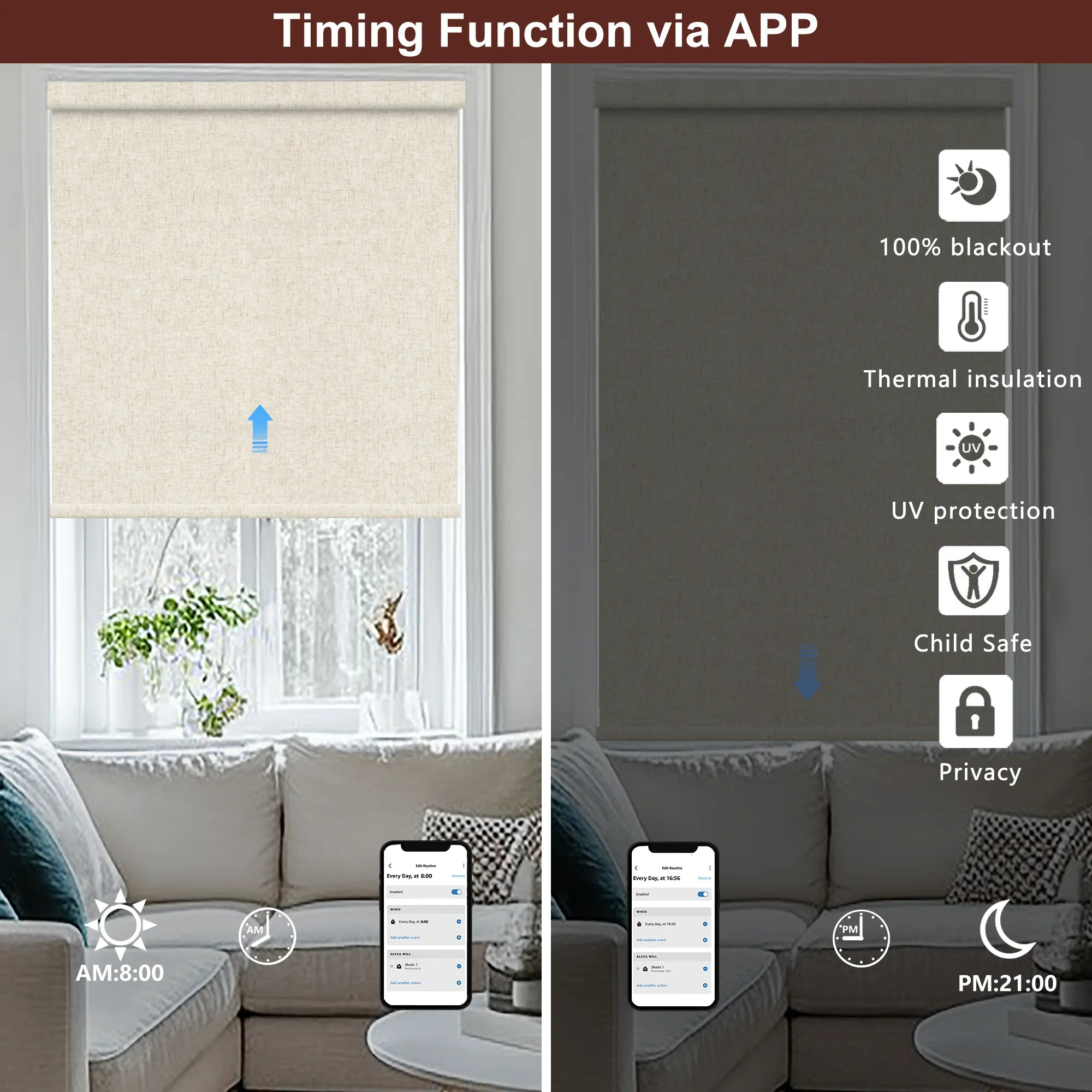 No Drill Motorized Roller Shades 100% Blackout Linen